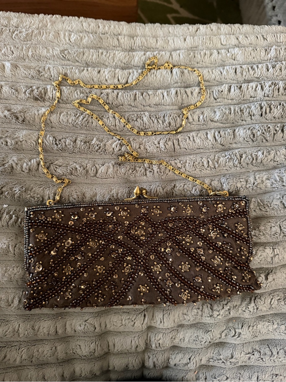 Brown Beaded Clutch with Gold Chain - MOYNA